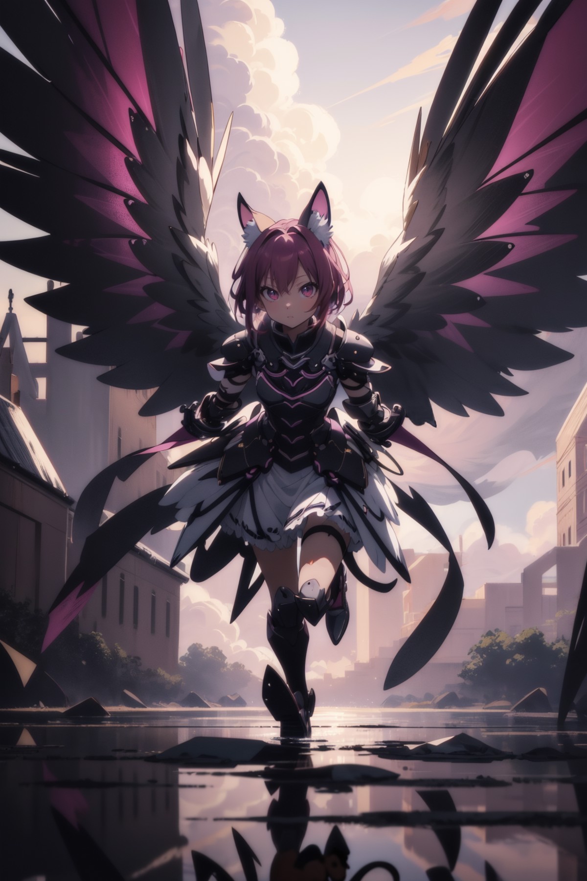 (a winged cat girl sprinting towards the viewer attacking:1.18), feathered wings, arms behind back, fierce, angry, battle,...